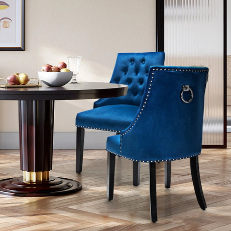 Modern Button-Tufted Velvet Studded Dining Chair with Nail head Trim-Blue