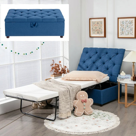 Folding Ottoman Sleeper Bed with Mattress for Guest Bed and Office Nap-Blue