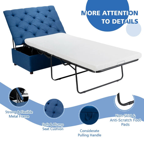 Folding Ottoman Sleeper Bed with Mattress for Guest Bed and Office Nap-Blue
