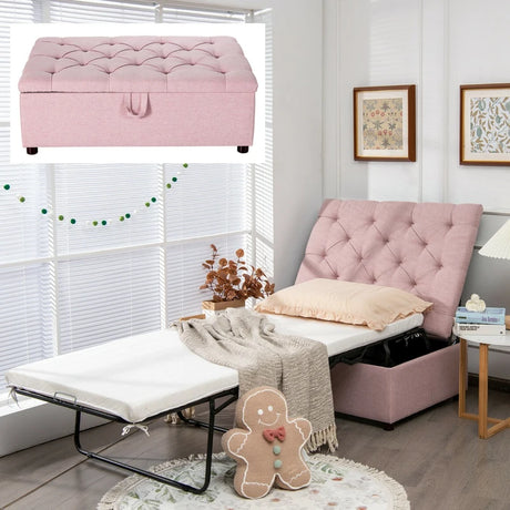 Folding Ottoman Sleeper Bed with Mattress for Guest Bed and Office Nap-Pink