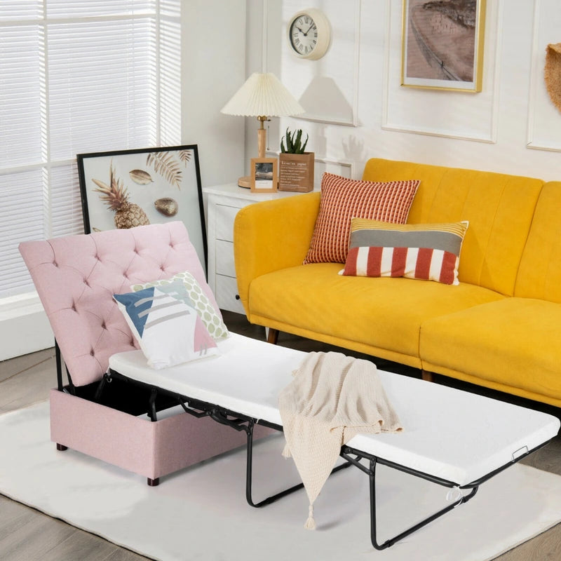 Folding Ottoman Sleeper Bed with Mattress for Guest Bed and Office Nap-Pink