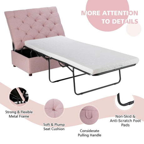 Folding Ottoman Sleeper Bed with Mattress for Guest Bed and Office Nap-Pink