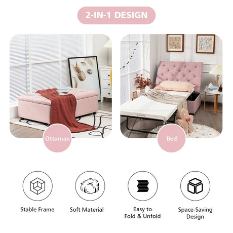 Folding Ottoman Sleeper Bed with Mattress for Guest Bed and Office Nap-Pink
