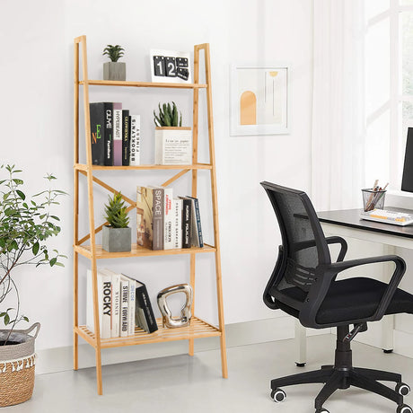 58 Inch 4-Tier Bamboo Ladder Bookshelf-Natural