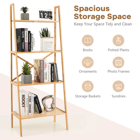 58 Inch 4-Tier Bamboo Ladder Bookshelf-Natural