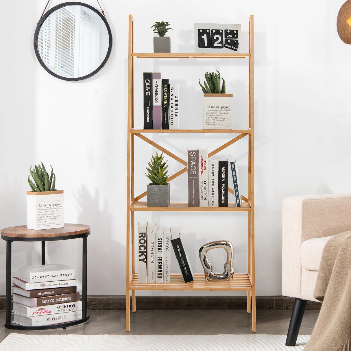 58 Inch 4-Tier Bamboo Ladder Bookshelf-Natural