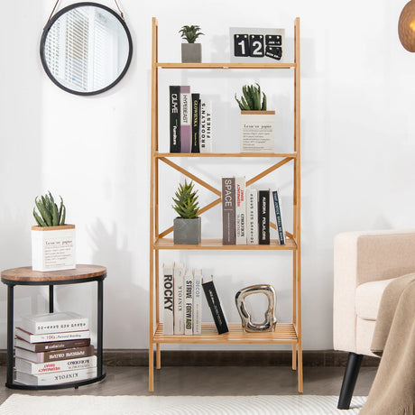 58 Inch 4-Tier Bamboo Ladder Bookshelf-Natural