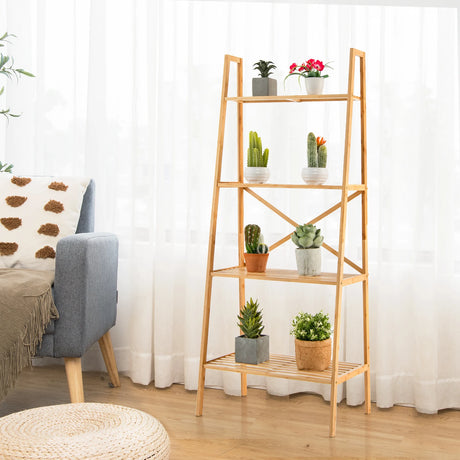 58 Inch 4-Tier Bamboo Ladder Bookshelf-Natural