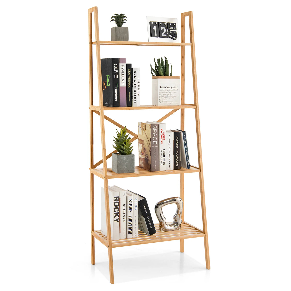 58 Inch 4-Tier Bamboo Ladder Bookshelf-Natural