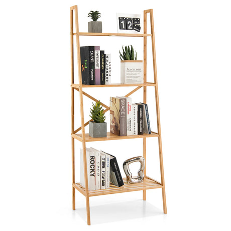 58 Inch 4-Tier Bamboo Ladder Bookshelf-Natural