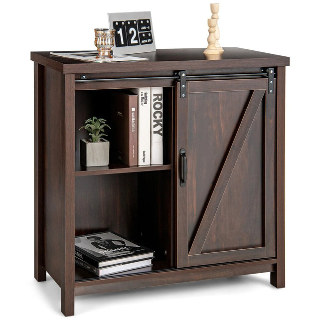 Freestanding Kitchen Buffet Storage Cabinet with Sliding Barn Door-Rustic Brown