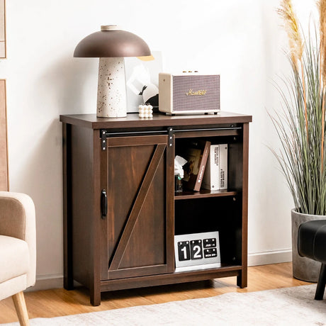 Freestanding Kitchen Buffet Storage Cabinet with Sliding Barn Door-Rustic Brown