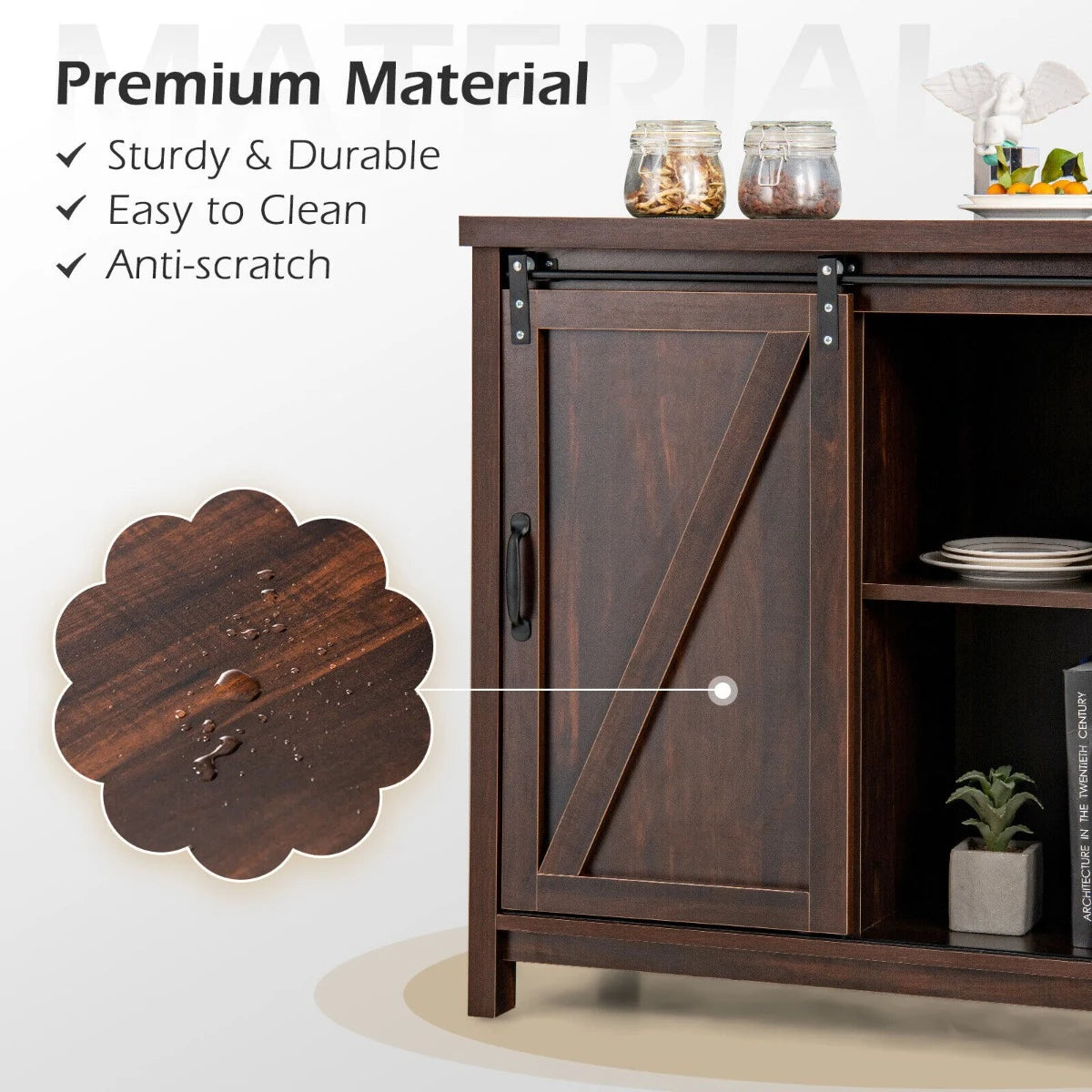 Freestanding Kitchen Buffet Storage Cabinet with Sliding Barn Door-Rustic Brown