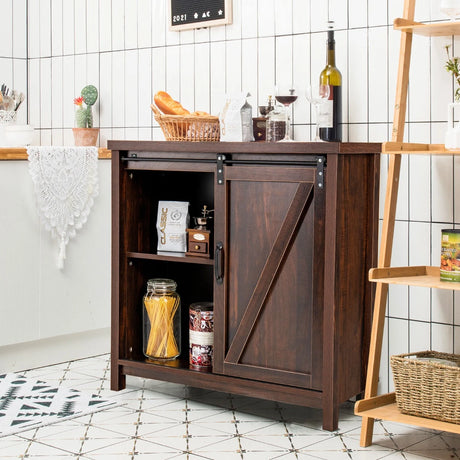 Freestanding Kitchen Buffet Storage Cabinet with Sliding Barn Door-Rustic Brown