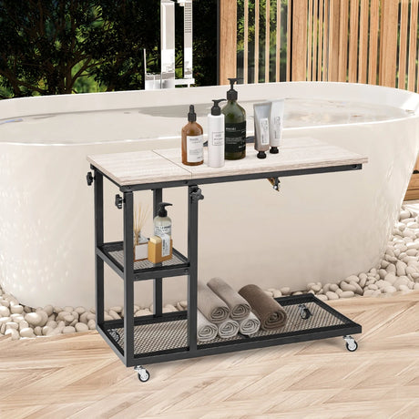Adjustable C-Shaped Bedside Table with Wheels-Natural