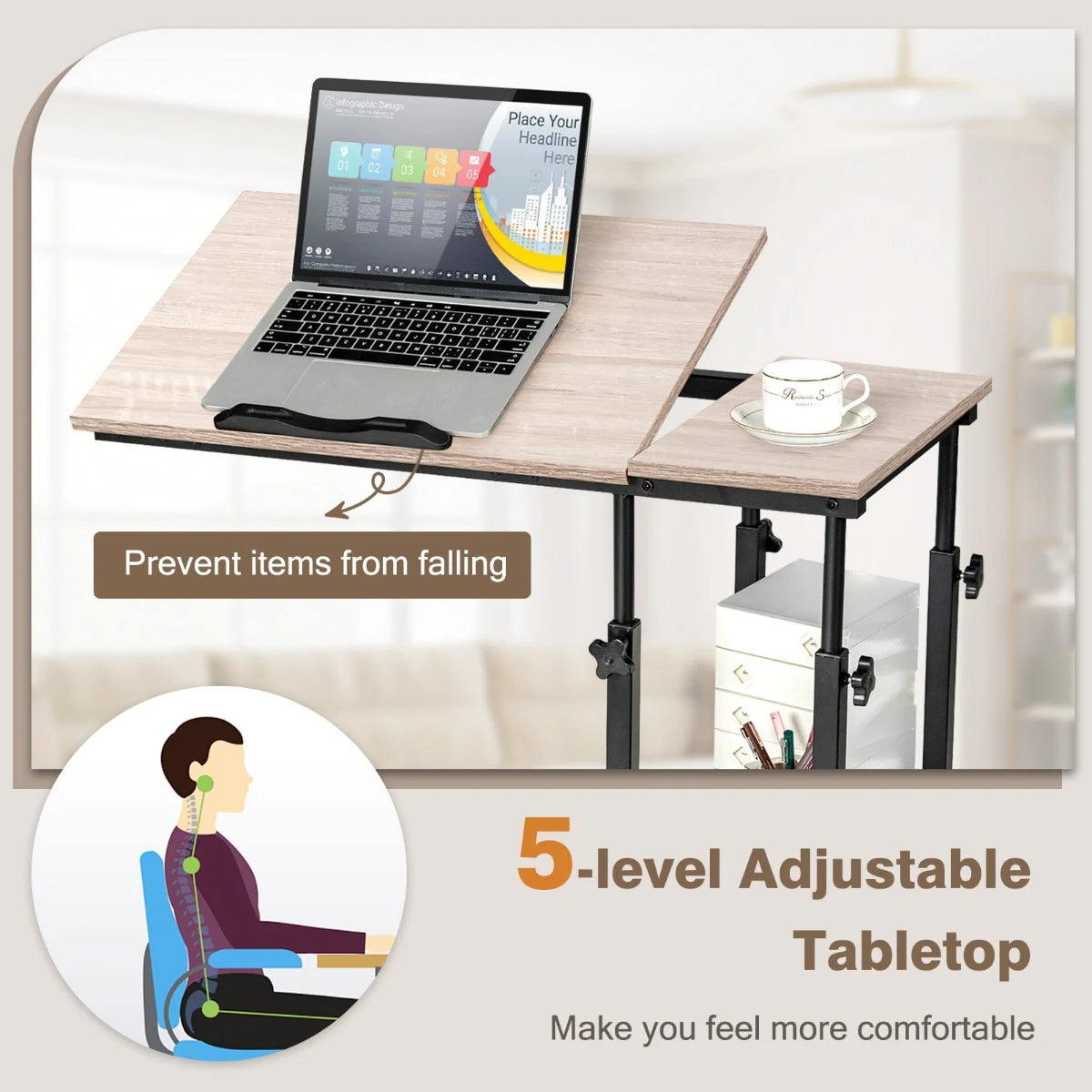 Adjustable C-Shaped Bedside Table with Wheels-Natural
