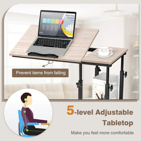 Adjustable C-Shaped Bedside Table with Wheels-Natural