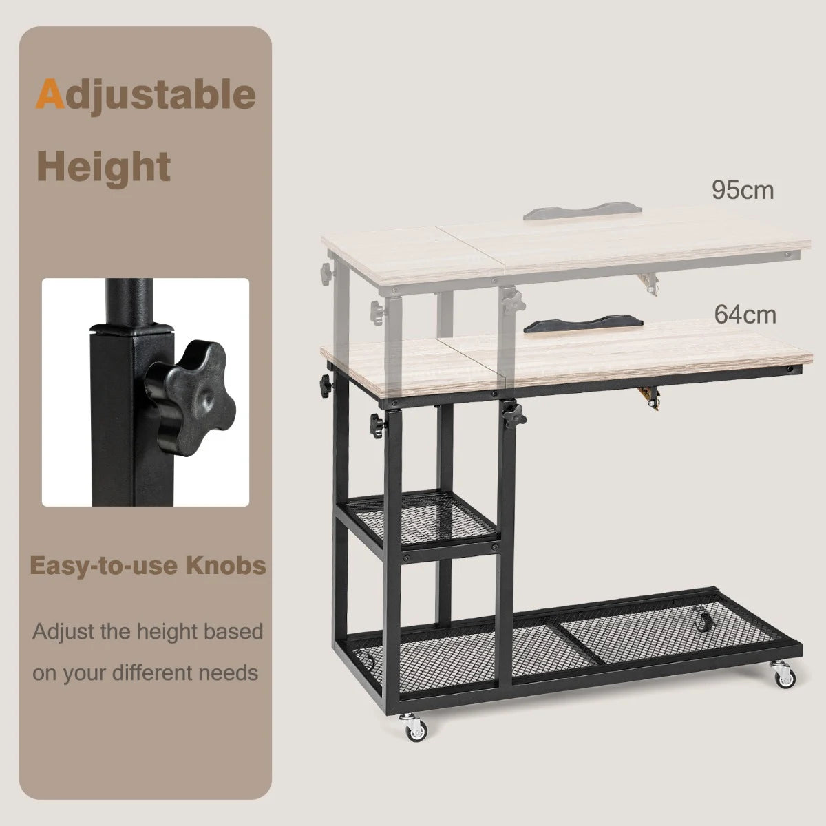 Adjustable C-Shaped Bedside Table with Wheels-Natural