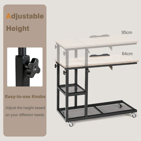 Adjustable C-Shaped Bedside Table with Wheels-Natural