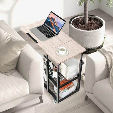 Adjustable C-Shaped Bedside Table with Wheels-Natural