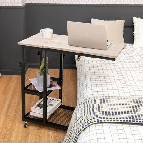 Adjustable C-Shaped Bedside Table with Wheels-Natural