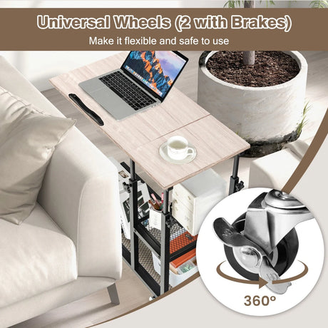 Adjustable C-Shaped Bedside Table with Wheels-Natural