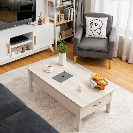 47 Inch Lift Top Coffee Table with Hidden Compartment and Drawers-White