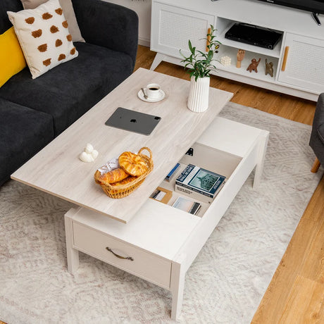 47 Inch Lift Top Coffee Table with Hidden Compartment and Drawers-White