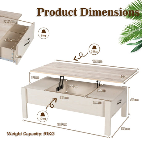 47 Inch Lift Top Coffee Table with Hidden Compartment and Drawers-White