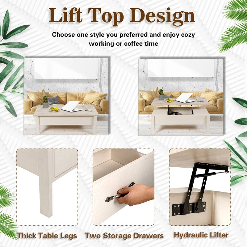 47 Inch Lift Top Coffee Table with Hidden Compartment and Drawers-White