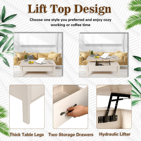 47 Inch Lift Top Coffee Table with Hidden Compartment and Drawers-White