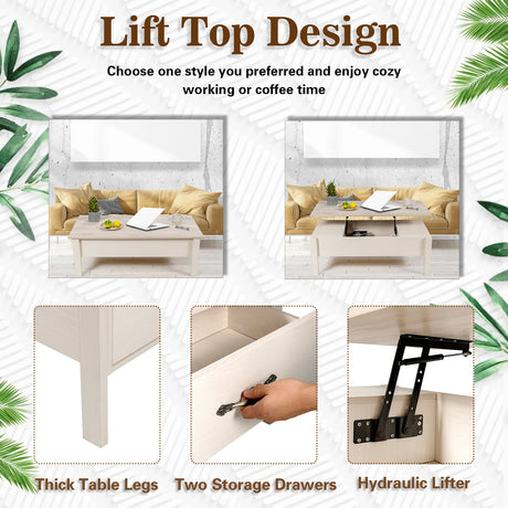 47 Inch Lift Top Coffee Table with Hidden Compartment and Drawers-White