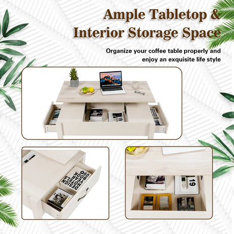 47 Inch Lift Top Coffee Table with Hidden Compartment and Drawers-White
