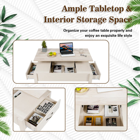 47 Inch Lift Top Coffee Table with Hidden Compartment and Drawers-White