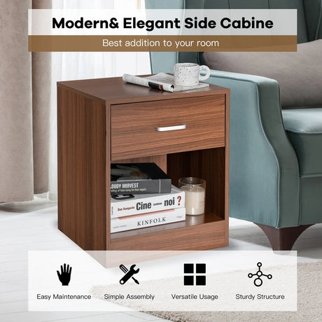 2-tier Wooden Bedside Table with Storage Drawer & Cabinet for Bedroom/Living Room/Office