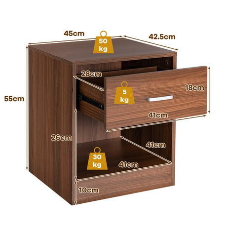 2-tier Wooden Bedside Table with Storage Drawer & Cabinet for Bedroom/Living Room/Office