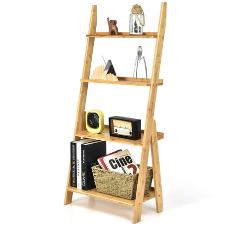 4-Tier Bamboo Ladder Shelf Bookcase for Study Room-Natural