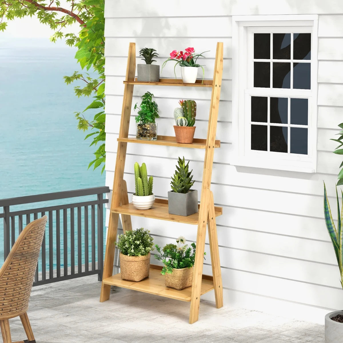 4-Tier Bamboo Ladder Shelf Bookcase for Study Room-Natural