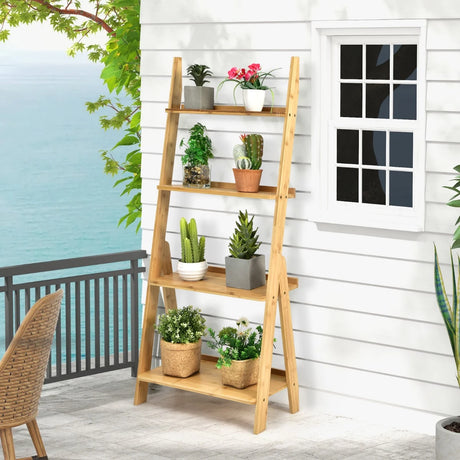 4-Tier Bamboo Ladder Shelf Bookcase for Study Room-Natural