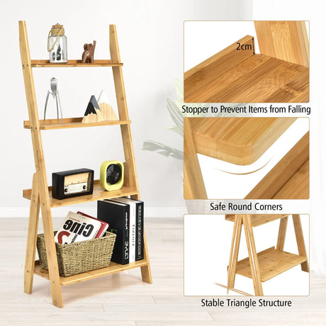 4-Tier Bamboo Ladder Shelf Bookcase for Study Room-Natural