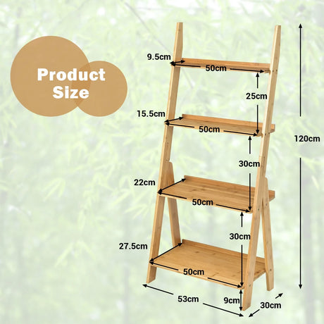 4-Tier Bamboo Ladder Shelf Bookcase for Study Room-Natural