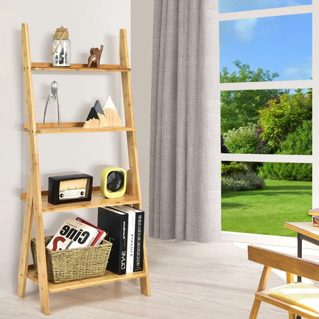 4-Tier Bamboo Ladder Shelf Bookcase for Study Room-Natural