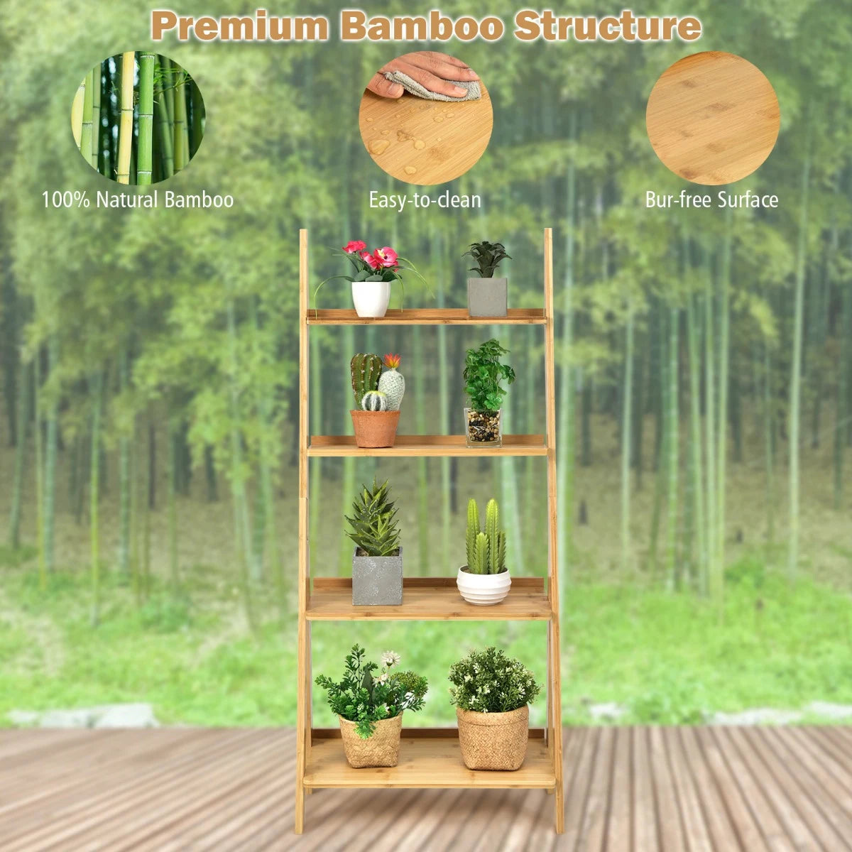 4-Tier Bamboo Ladder Shelf Bookcase for Study Room-Natural