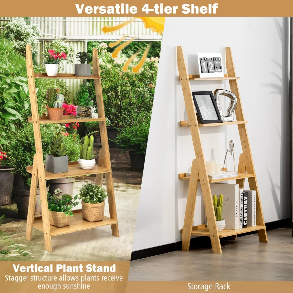4-Tier Bamboo Ladder Shelf Bookcase for Study Room-Natural