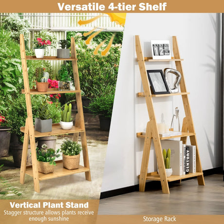 4-Tier Bamboo Ladder Shelf Bookcase for Study Room-Natural
