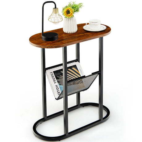2-Tier Industrial Side Table with Mesh Shelf & Steel Frame