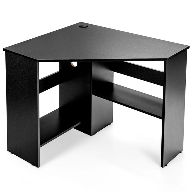 Black Corner Computer Desk with Management Hole for Home Office
