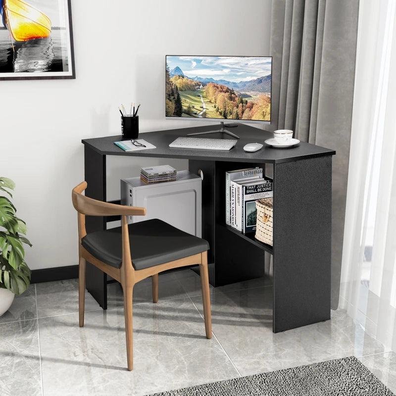 Black Corner Computer Desk with Management Hole for Home Office