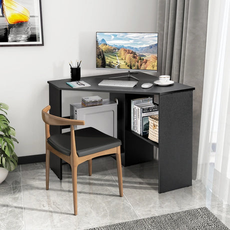 Black Corner Computer Desk with Management Hole for Home Office