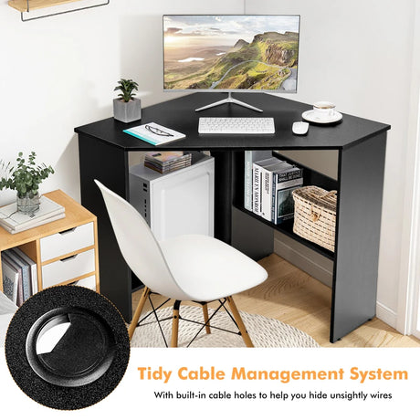 Black Corner Computer Desk with Management Hole for Home Office